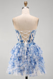 White Blue Flower Strapless Sheer Corset Tiered A-Line Short Homecoming Dress with Lace Up Back