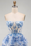 White Blue Flower Strapless Sheer Corset Tiered A-Line Short Homecoming Dress with Lace Up Back