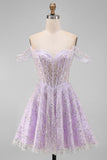 Off the Shoulder Lilac Corset Sequins A-Line Short Homecoming Dress with Lace Up Back
