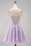 Off the Shoulder Lilac Corset Sequins A-Line Short Homecoming Dress with Lace Up Back