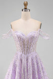 Off the Shoulder Lilac Corset Sequins A-Line Short Homecoming Dress with Lace Up Back