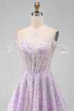 Off the Shoulder Lilac Corset Sequins A-Line Short Homecoming Dress with Lace Up Back