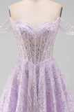Off the Shoulder Lilac Corset Sequins A-Line Short Homecoming Dress with Lace Up Back