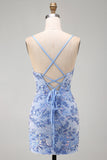 Blue Bodycon Spaghetti Straps Lace Up Back Short Homecoming Dress with Beading