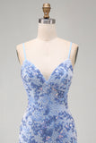Blue Bodycon Spaghetti Straps Lace Up Back Short Homecoming Dress with Beading