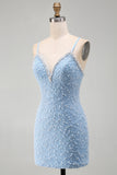 Blue Spaghetti Straps Lace Up Back Bodycon Short Homecoming Dress with Pearls