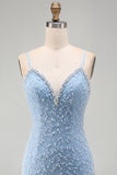 Blue Spaghetti Straps Lace Up Back Bodycon Short Homecoming Dress with Pearls