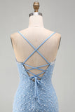 Blue Spaghetti Straps Lace Up Back Bodycon Short Homecoming Dress with Pearls