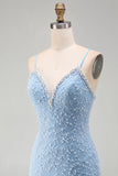 Blue Spaghetti Straps Lace Up Back Bodycon Short Homecoming Dress with Pearls