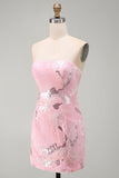 Pink Strapless Bodycon Beaded Short Homecoming Dress