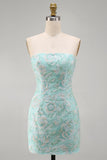 Mint Floral Strapless Bodycon Sequins Short Homecoming Dress
