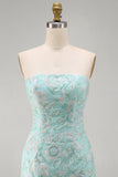 Mint Floral Strapless Bodycon Sequins Short Homecoming Dress