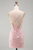 Pink Floral Lace Up Back Spaghetti Straps Short Homecoming Dress with Sequins