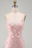 Pink Floral Lace Up Back Spaghetti Straps Short Homecoming Dress with Sequins