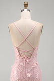 Pink Floral Lace Up Back Spaghetti Straps Short Homecoming Dress with Sequins