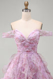 Lilac Off the Shoulder A-Line Ruffle Short Homecoming Dress with Lace Up Back