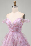 Lilac Off the Shoulder A-Line Ruffle Short Homecoming Dress with Lace Up Back