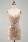 Champagne Strapless Sequins Bodycon Homecoming Dress with Lace Up Back