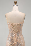 Champagne Strapless Sequins Bodycon Homecoming Dress with Lace Up Back
