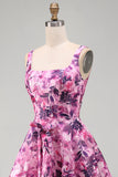 A-Line Fuchsia Floral Ruffled Square Neck Corset Short Homecoming Dress
