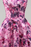 A-Line Fuchsia Floral Ruffled Square Neck Corset Short Homecoming Dress