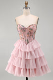 Pink Sweetheart Corset Basque Waist Tiered Ruffled Homecoming Dress with Sequins