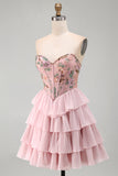 Pink Sweetheart Corset Basque Waist Tiered Ruffled Homecoming Dress with Sequins