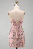 Pink Floral Embroidery Bodycon Lace Up Back Short Homecoming Dress with Sequins