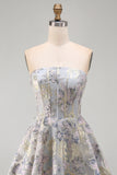 A-Line Blue Flower Strapless Corset Ruffled Jacquard Lace Up Back Homecoming Dress
