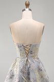 A-Line Blue Flower Strapless Corset Ruffled Jacquard Lace Up Back Homecoming Dress
