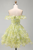 A-Line Yellow Green Off the Shoulder Floral Short Homecoming Dress with Ruffles