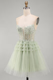 Strapless A-Line Dusty Sage Corset Floral Ruffled Homecoming Dress with Beading