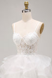 White A-Line Sheer Corset Floral Lace Up Back Short Homecoming Dress with Ruffles