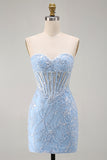 Blue Sweetheart Sheer Corset Bodycon Sequins Short Homecoming Dress with Appliques