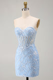 Blue Sweetheart Sheer Corset Bodycon Sequins Short Homecoming Dress with Appliques