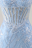 Blue Sweetheart Sheer Corset Bodycon Sequins Short Homecoming Dress with Appliques