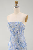 Sparkly Strapless Blue Bodycon Sequins Short Homecoming Dress with Beading