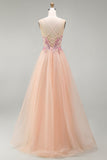Champagne A-Line Tulle Sheer Corset Floral Long Prom Dress with Lace Up Back