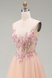 Champagne A-Line Tulle Sheer Corset Floral Long Prom Dress with Lace Up Back
