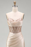 Champagne Mermaid Satin Corset Beaded Long Prom Dress with Slit