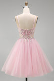 A-Line Pink Floral Corset Spaghetti Straps Sequins Short Homecoming Dress with Beading