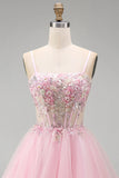 A-Line Pink Floral Corset Spaghetti Straps Sequins Short Homecoming Dress with Beading