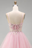 A-Line Pink Floral Corset Spaghetti Straps Sequins Short Homecoming Dress with Beading