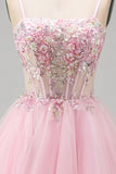 A-Line Pink Floral Corset Spaghetti Straps Sequins Short Homecoming Dress with Beading