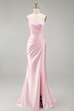 Satin Pink Mermaid Ruched Long Prom Dress with Slit