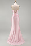 Satin Pink Mermaid Ruched Long Prom Dress with Slit