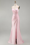 Satin Pink Mermaid Ruched Long Prom Dress with Slit