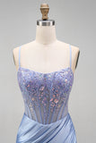 Dusty Blue Floral Appliques Sequins Sheer Corset Ruched Mermaid Satin Long Prom Dress