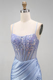 Dusty Blue Floral Appliques Sequins Sheer Corset Ruched Mermaid Satin Long Prom Dress