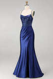 Navy Floral Embroidery Corset Ruched Mermaid Satin Long Prom Dress with Side Slit